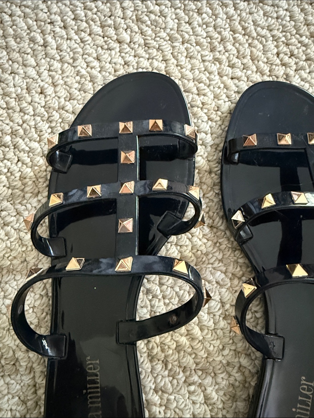 Olivia Miller Black Patent Jelly Sandals with Gold Pyramid Studs - Picture 2 of 4